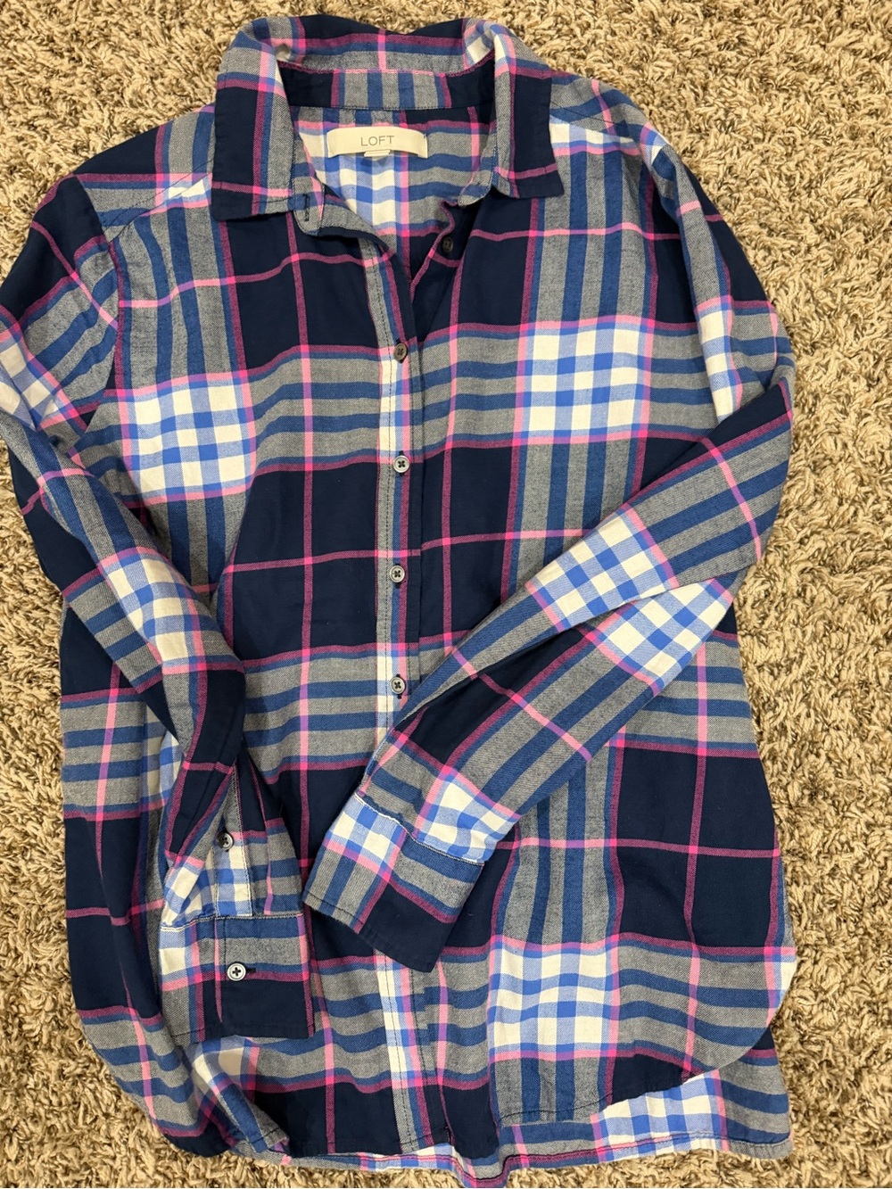 LOFT Navy Blue Plaid Button-Down Shirt with Pink Accents